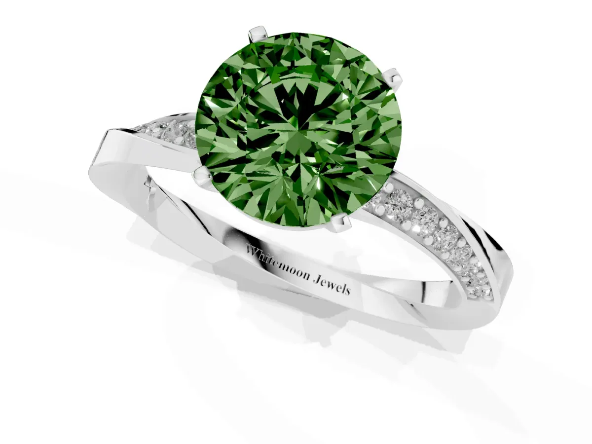 Fancy Green Round Cut Diamond Engagement Ring with Side Stone Accents and Four-Prong Setting White gold