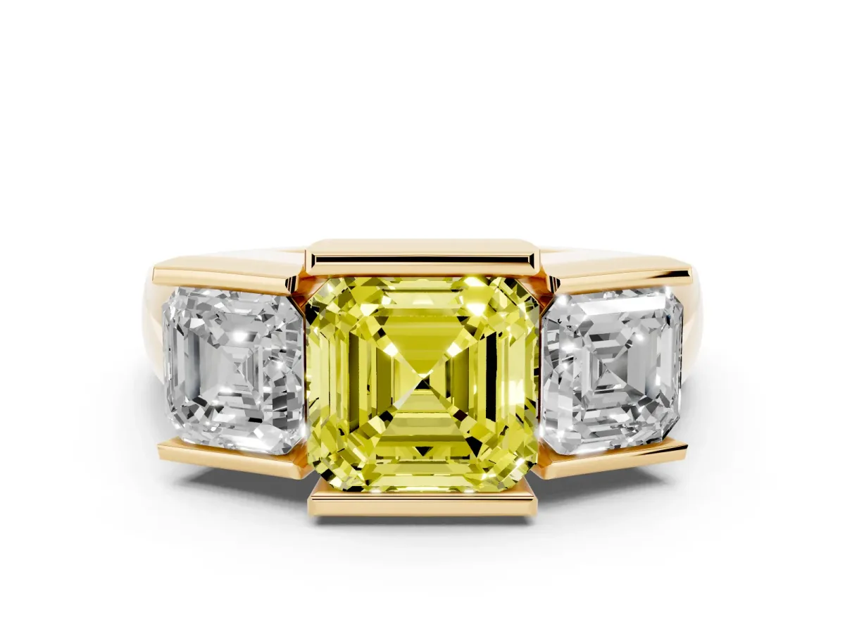 Fancy Yellow Three Stone Asscher Cut Cut Channel Set Diamond Ring Yellow gold