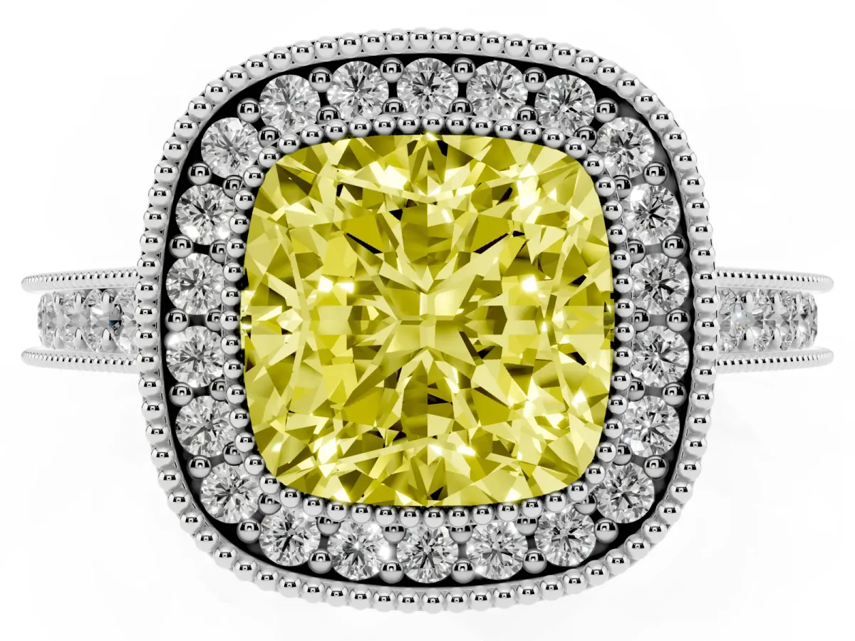 Fancy Yellow Halo Cushion Cut-Cut Diamond Pave Band Milgrain Prong Setting Ring Silver