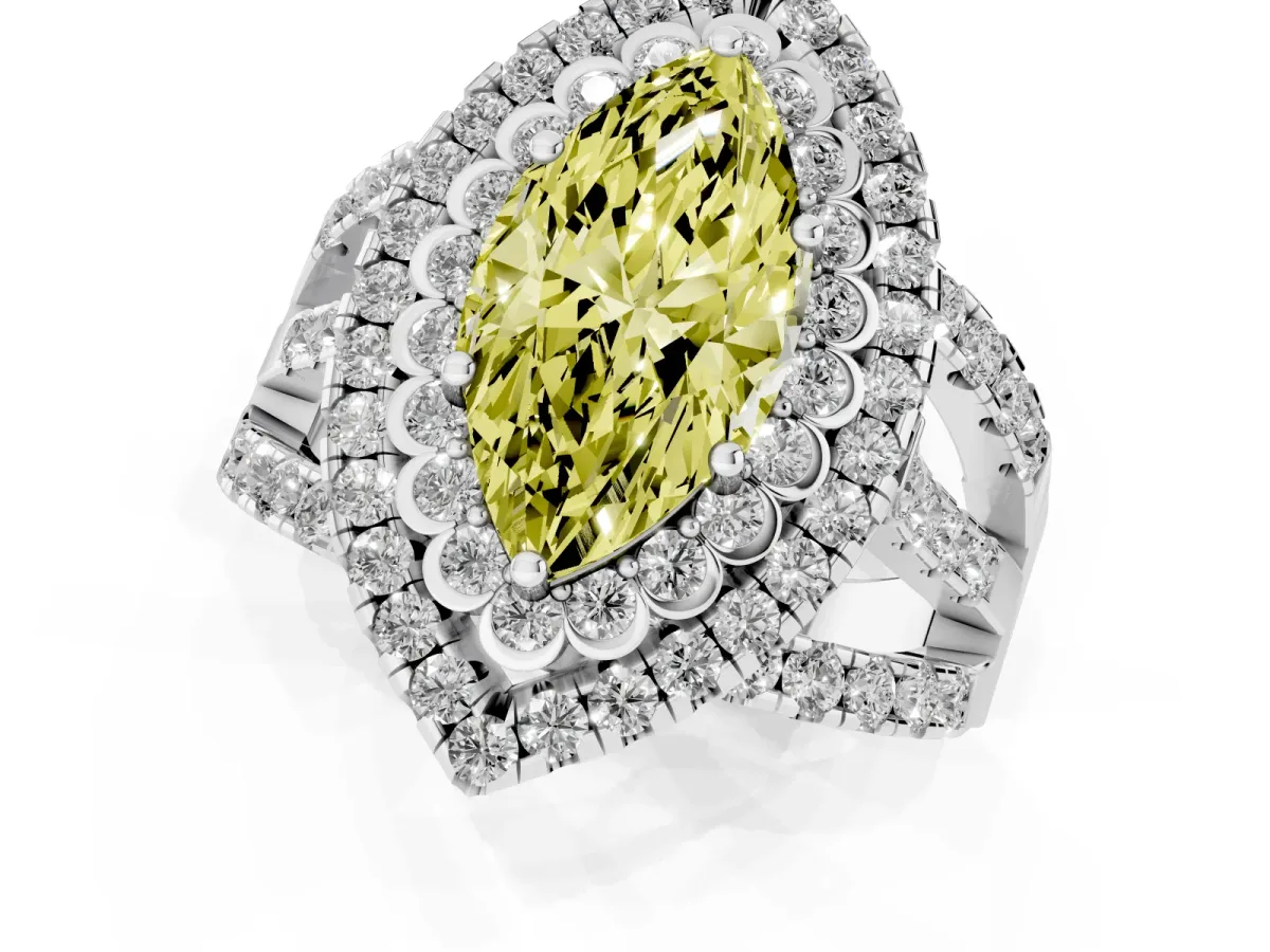 Fancy Yellow Marquise Cut Diamond Double Halo Ring with Round Pavé Split Shank and Prong Setting Silver