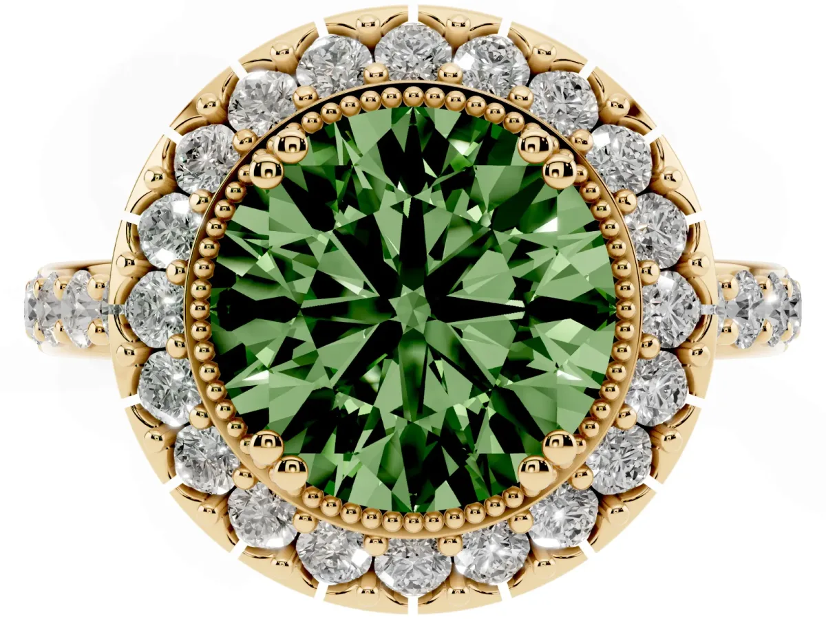 Fancy Green Round Cut Diamond Halo Ring with Pavé Band and Prong Setting Yellow gold