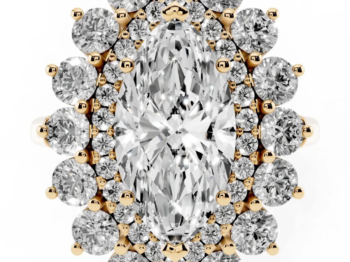 Marquise Cut Diamond Floral Double Halo Engagement Ring with Prong Setting Yellow gold