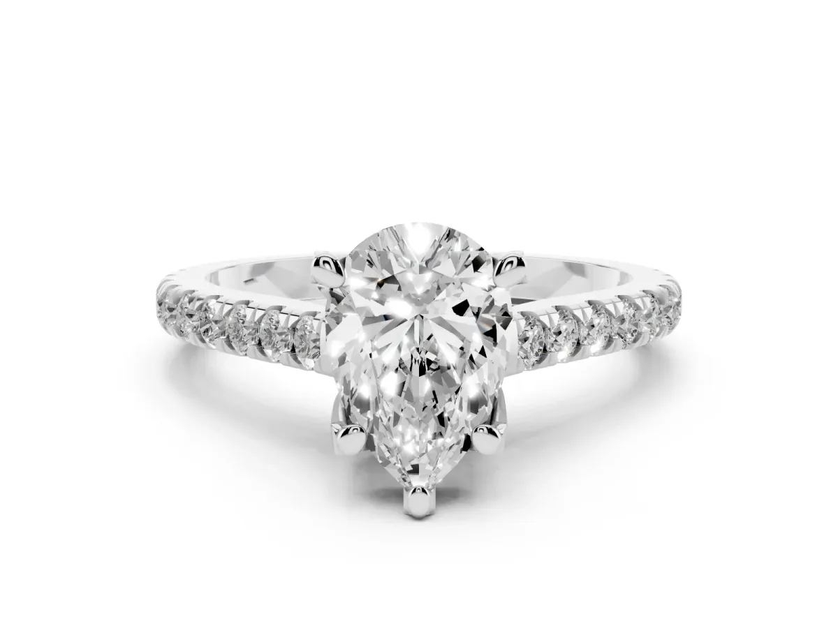 Pear Cut Brilliant Diamond Solitaire with Pavé Band and Four-Prong Setting Platinum