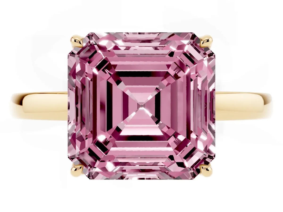 Fancy Pink Asscher Cut Diamond Solitaire Ring with Thin Band and Prong Setting Yellow gold