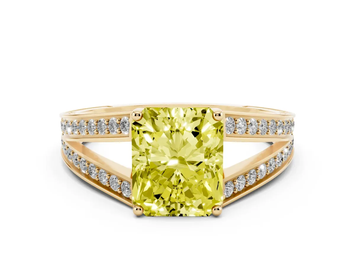 Fancy Yellow Radiant Cut Diamond Split Shank Ring with Pavé Band and Four-Prong Setting Yellow gold