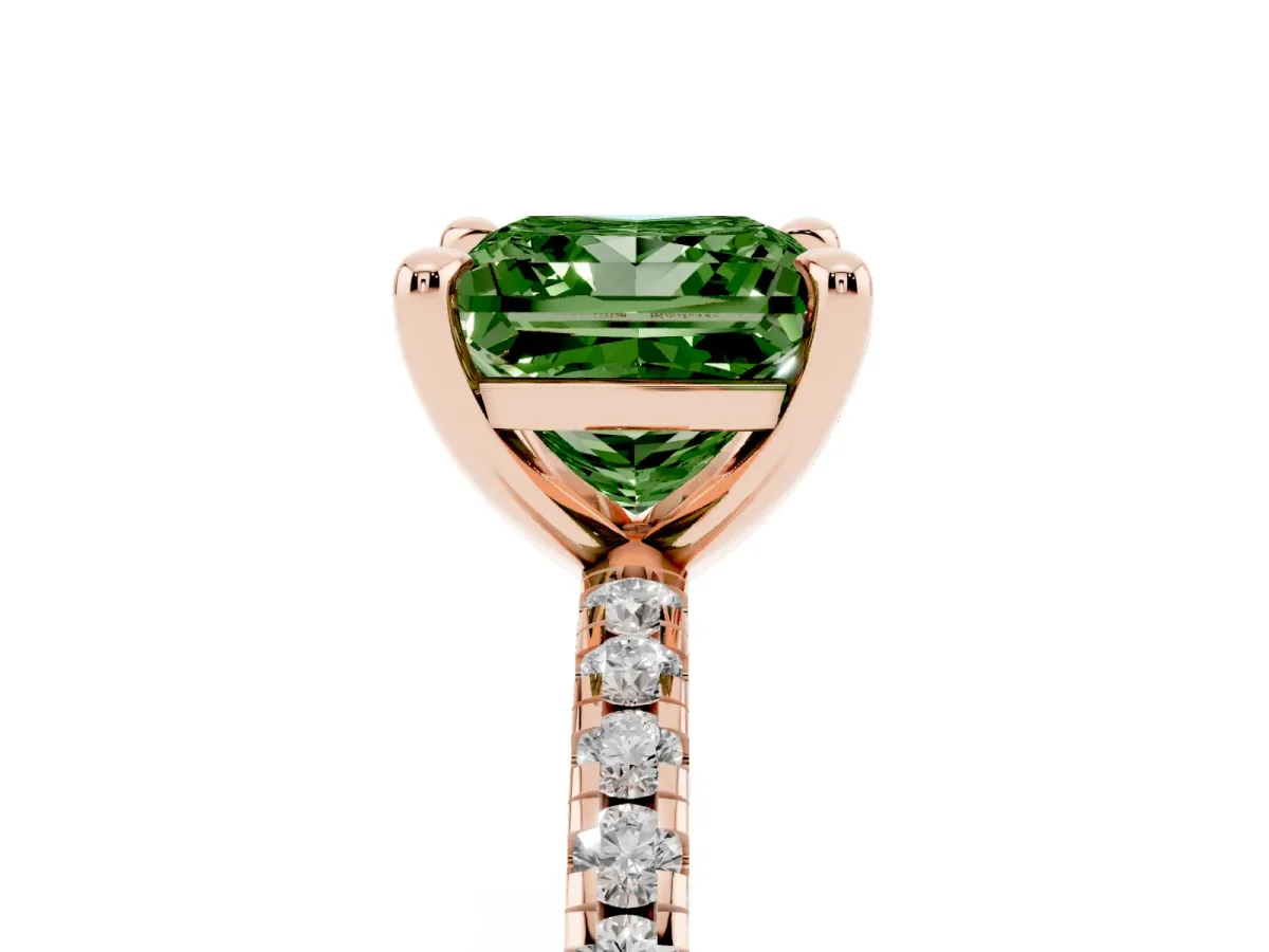 Fancy Green Princess Cut Diamond Brilliant Solitaire Ring with Pavé Band and Four-Prong Setting Rose gold