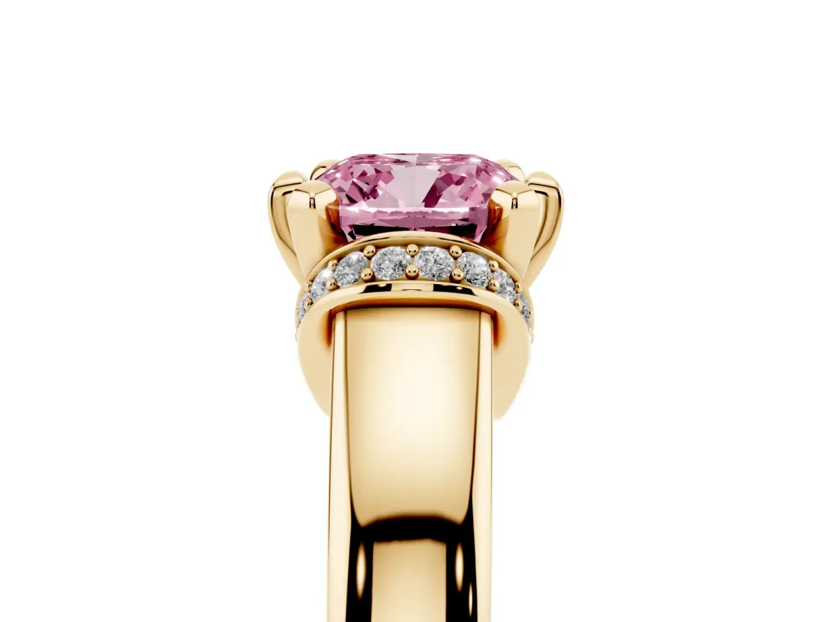 Fancy Pink Cushion Cut Solitaire Diamond Ring with Pave Band and Six-Prong Setting Yellow gold