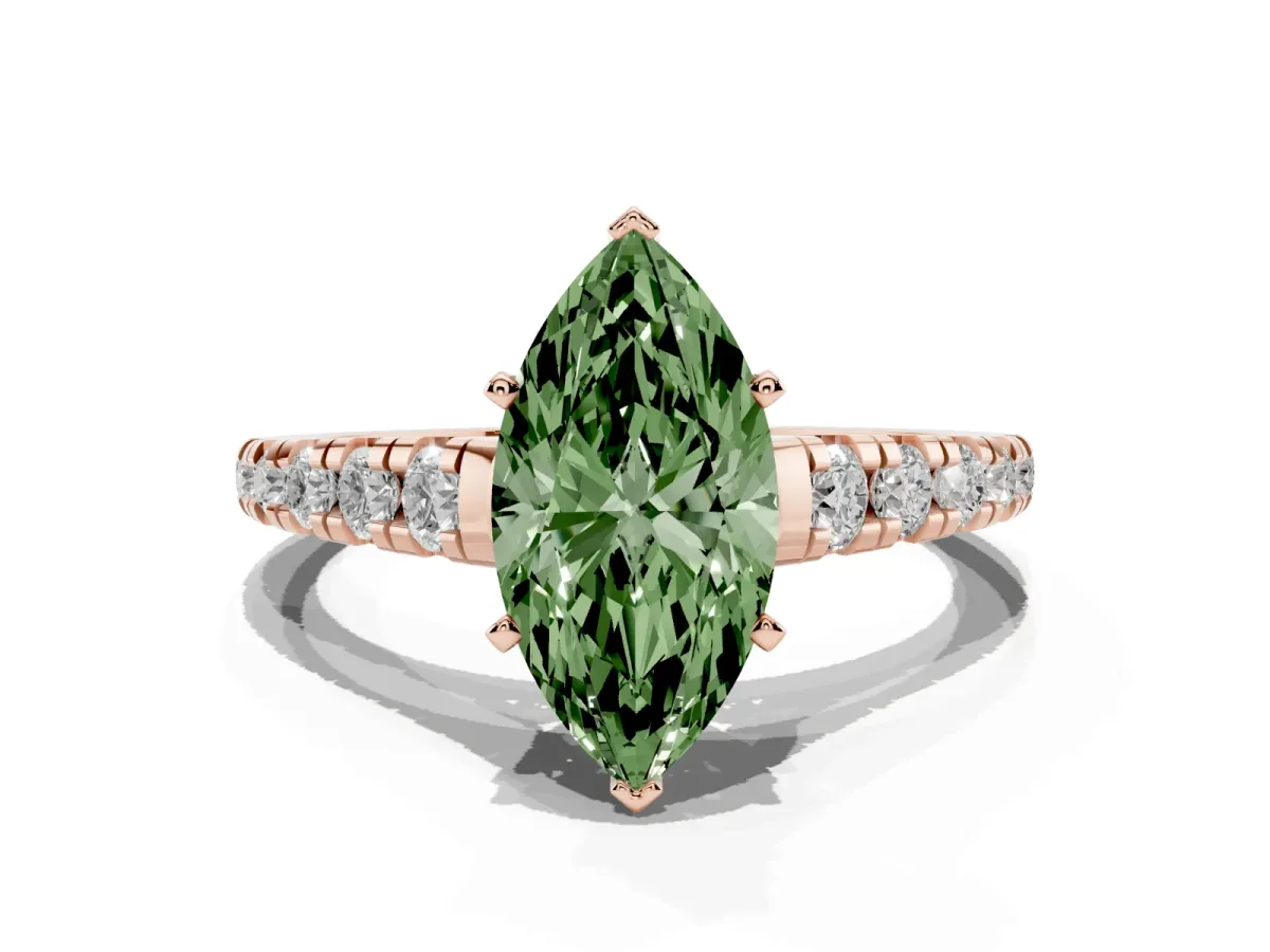 Fancy Green Marquise Cut Diamond Cathedral Solitaire Ring with Round Pavé Band Rose gold