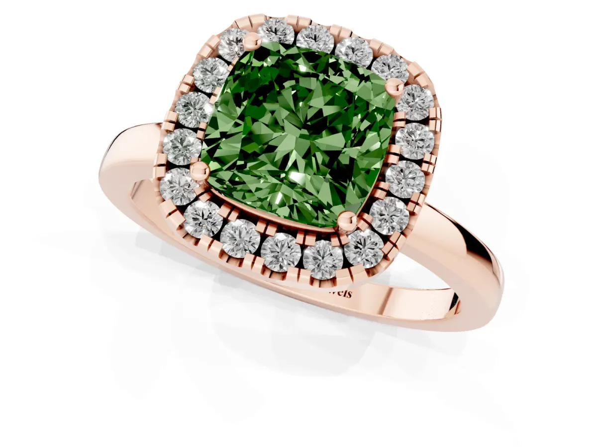 Fancy Green Cushion Cut Halo Diamond Solitaire with Pavé Band and Four-Prong Setting Rose gold