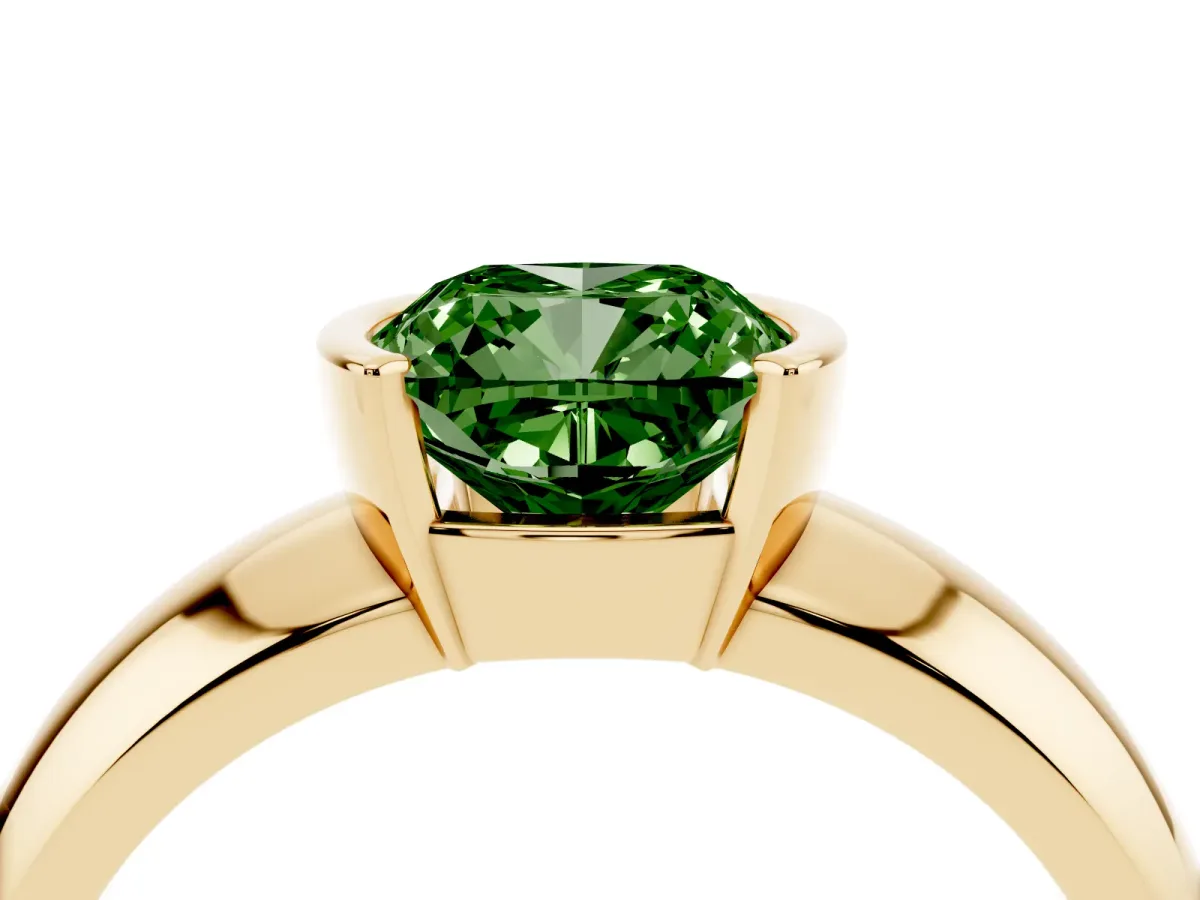 Fancy Green Cushion Cut Solitaire Tension Set Diamond Ring with Wide Band Yellow gold