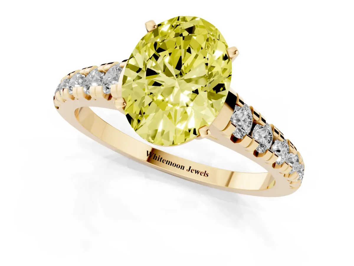 Fancy Yellow Oval Cut Diamond Cathedral Solitaire Ring with Round Pavé Band Yellow gold