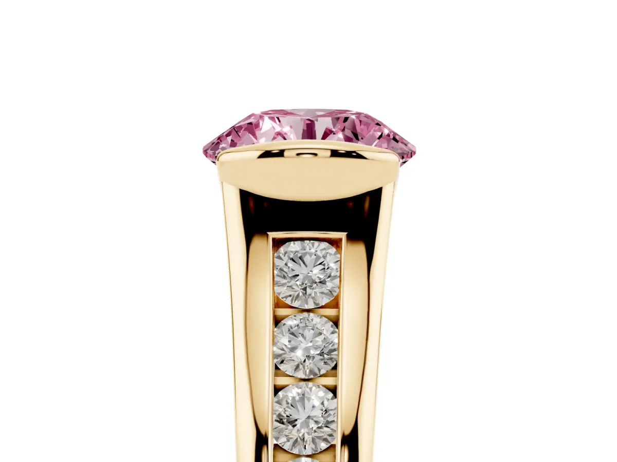 Fancy Pink Round Cut Solitaire Bezel-Set Diamond Ring with Channel-Set Band Yellow gold