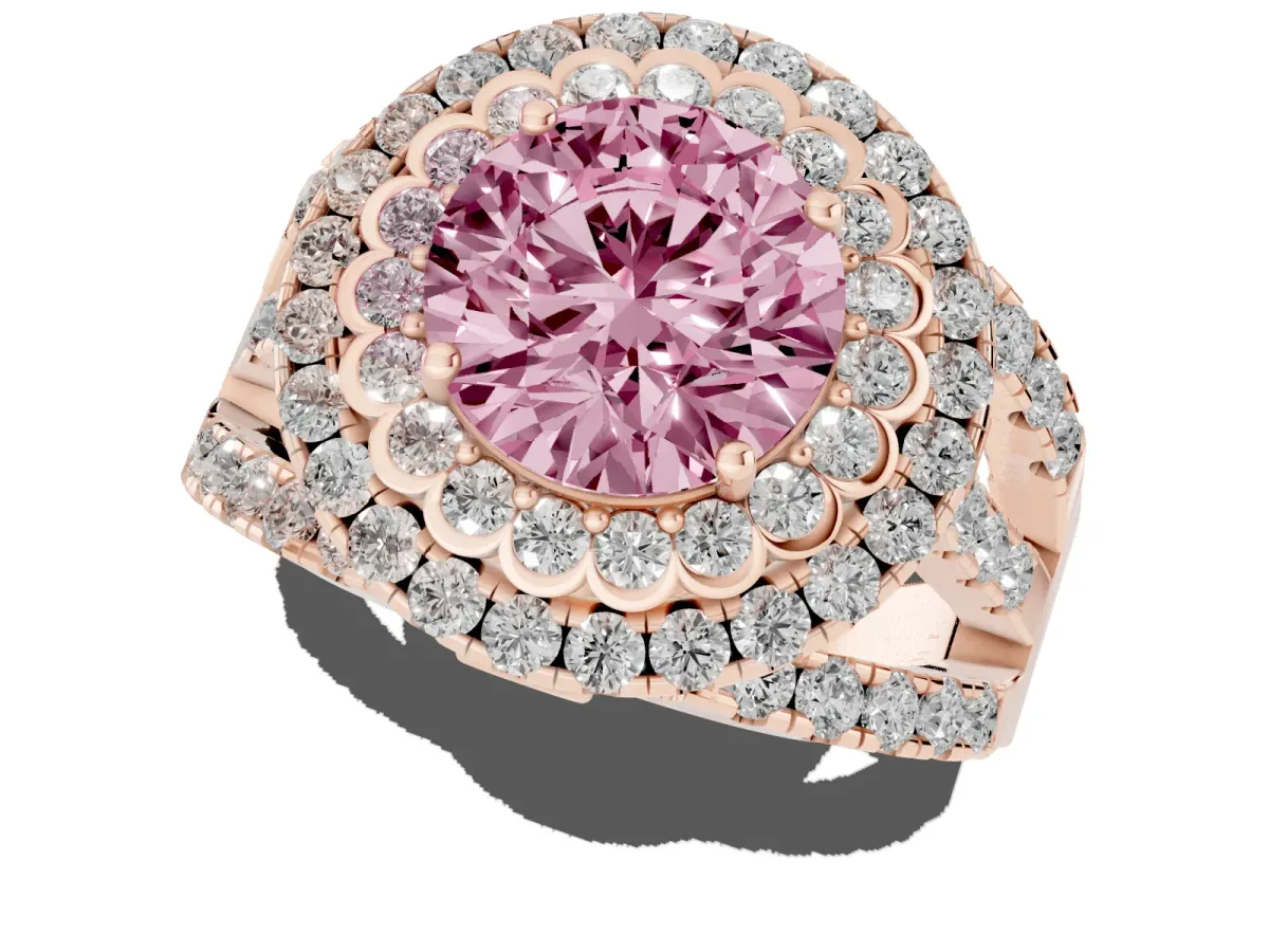 Fancy Pink Round Cut Diamond Double Halo Ring with Round Pavé Split Shank and Prong Setting Rose gold