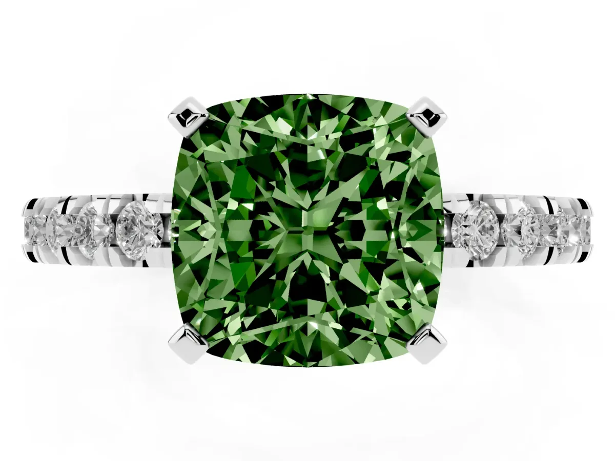Fancy Green Cushion Cut Diamond Pavé Band Solitaire with Four-Prong Setting Silver