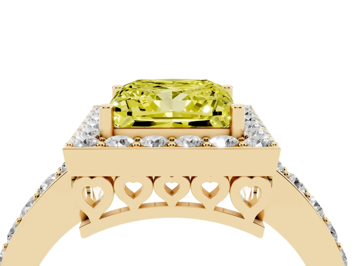Fancy Yellow Princess Cut Halo Diamond Pavé Band Ring with Prong Setting Yellow gold