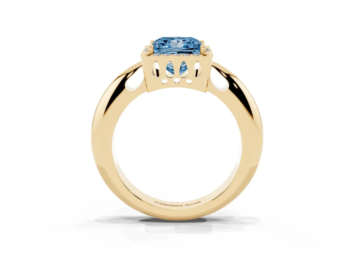 Fancy Blue Princess Cut Cut Diamond Halo Engagement Ring with Split Shank and Four-Prong Setting Yellow gold