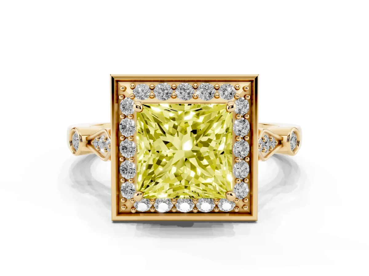 Fancy Yellow Princess Cut Halo Diamond Engagement Ring with Twisted Band and Four-Prong Setting Yellow gold
