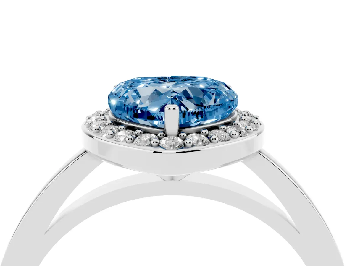 Fancy Blue Heart Cut Halo Diamond Ring with Solitaire Band and Prong Setting Silver