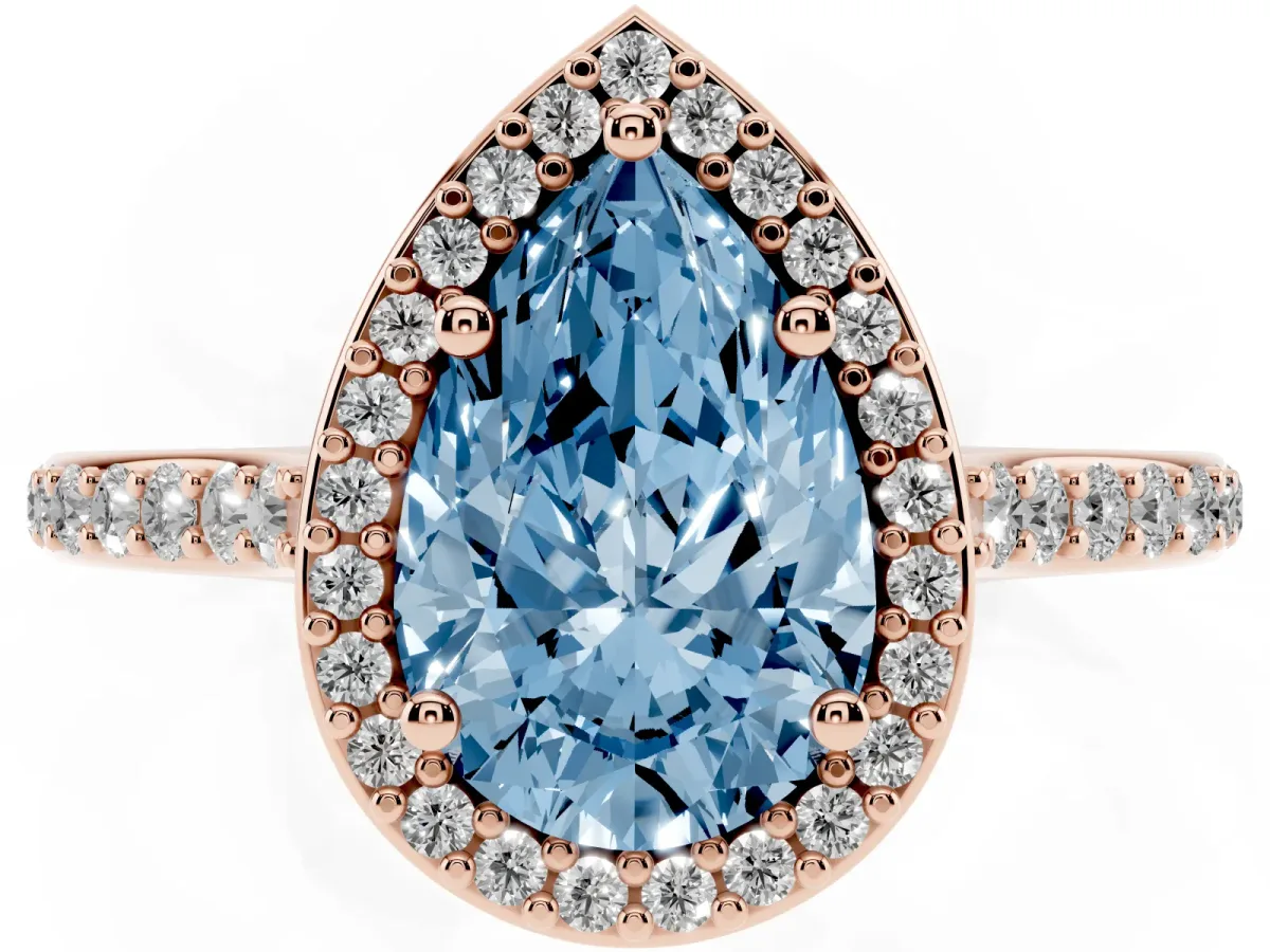 Fancy Blue Pear Cut Diamond Halo Engagement Ring with Round Pavé Shoulders and Prong Setting Rose gold