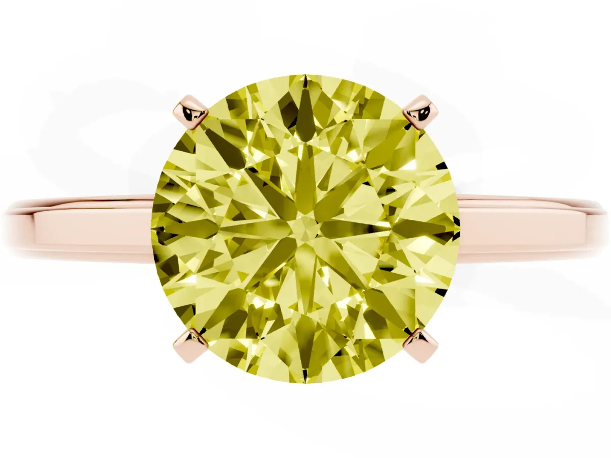 Fancy Yellow Round Cut Solitaire Diamond Ring with Four-Prong Setting and Classic Band Rose gold