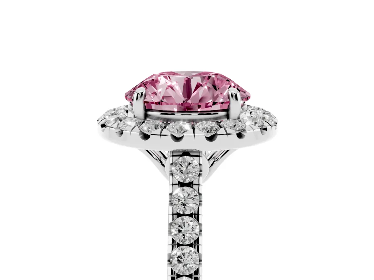 Fancy Pink Round Cut Halo Pavé Diamond Engagement Ring with Four-Prong Setting Silver