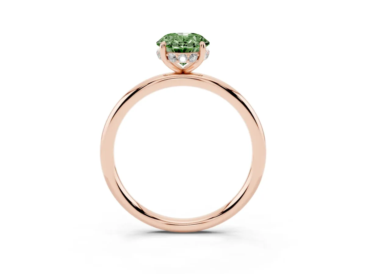 Fancy Green Oval Cut Solitaire Diamond Ring with a Classic Band and Four-Prong Setting Rose gold