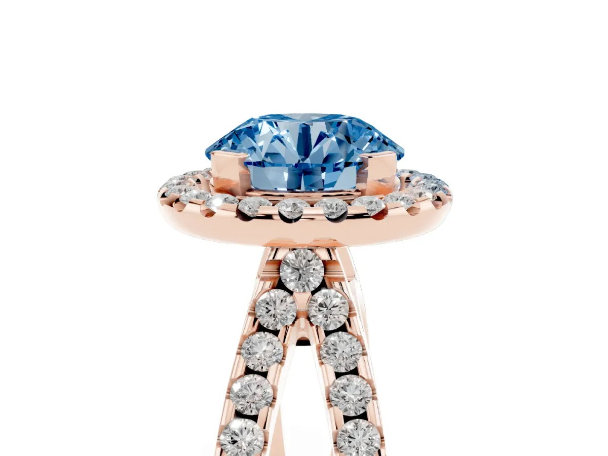 Fancy Blue Round Cut Diamond Halo Ring with Split Shank Pavé Band and Prong Setting Rose gold