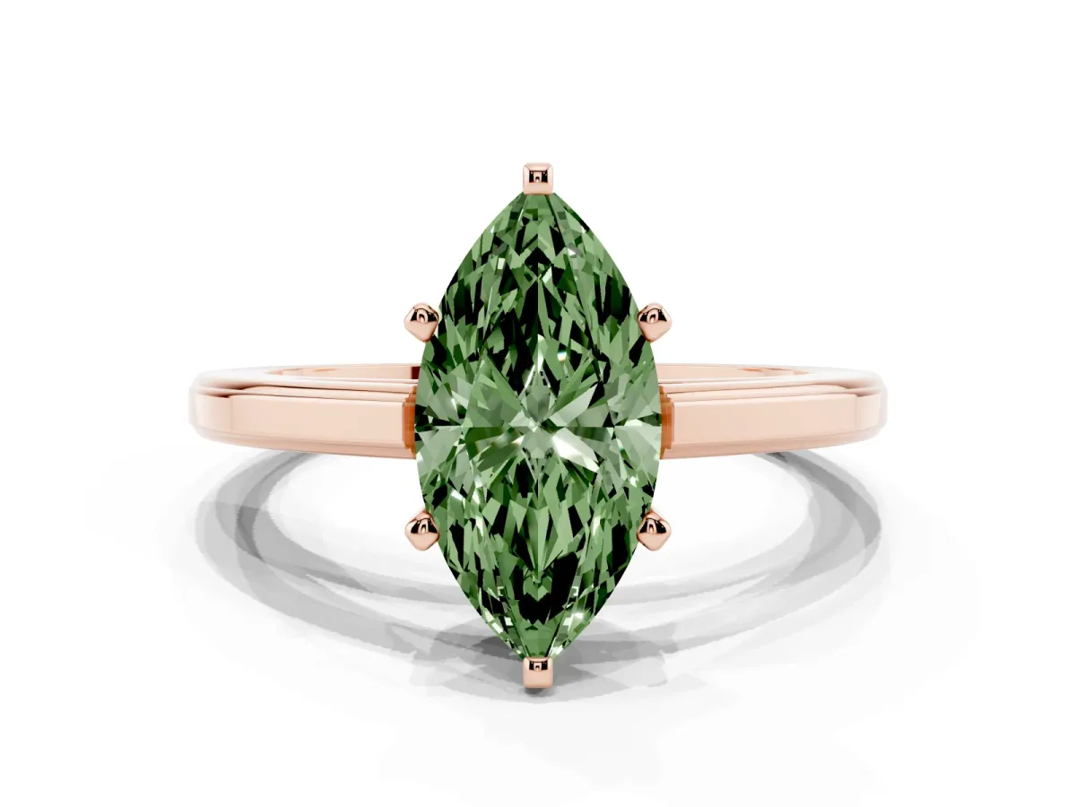 Fancy Green Marquise Cut Solitaire Diamond Ring with Four-Prong Setting and Classic Band Rose gold