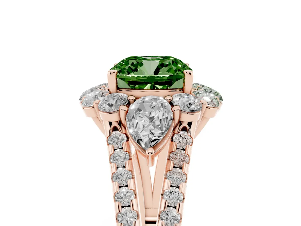 Fancy Green Cushion Cut Halo Split Shank Diamond Engagement Ring with Prong Setting Rose gold