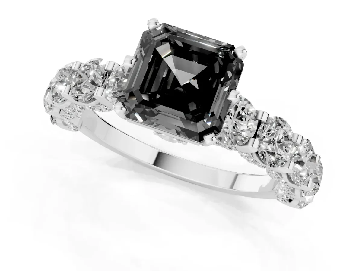 Fancy Black Asscher Cut Diamond Side Stone Engagement Ring with Four-Prong Setting Platinum