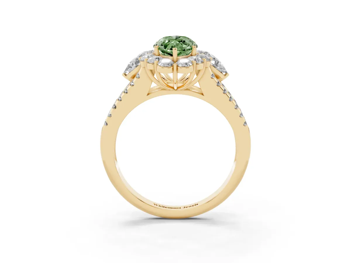 Fancy Green Marquise Cut Halo Split Shank Diamond Engagement Ring with Prong Setting Yellow gold