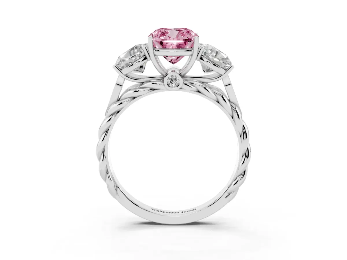 Fancy Pink Three-Stone Cushion Cut Diamond Braided Band Ring with Four-Prong Setting Platinum
