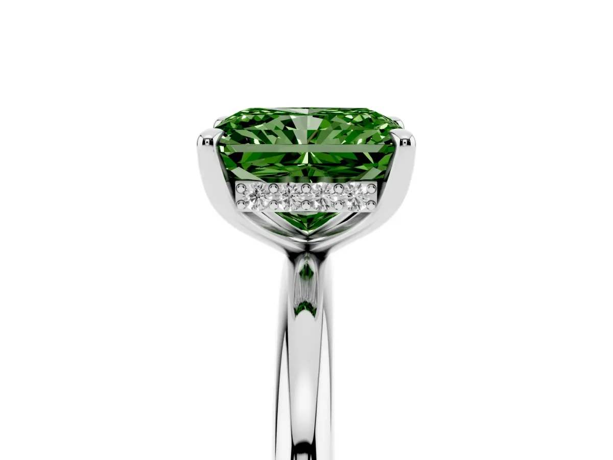 Fancy Green Radiant Cut Diamond Solitaire Ring with Thin Band and Four-Prong Setting Platinum