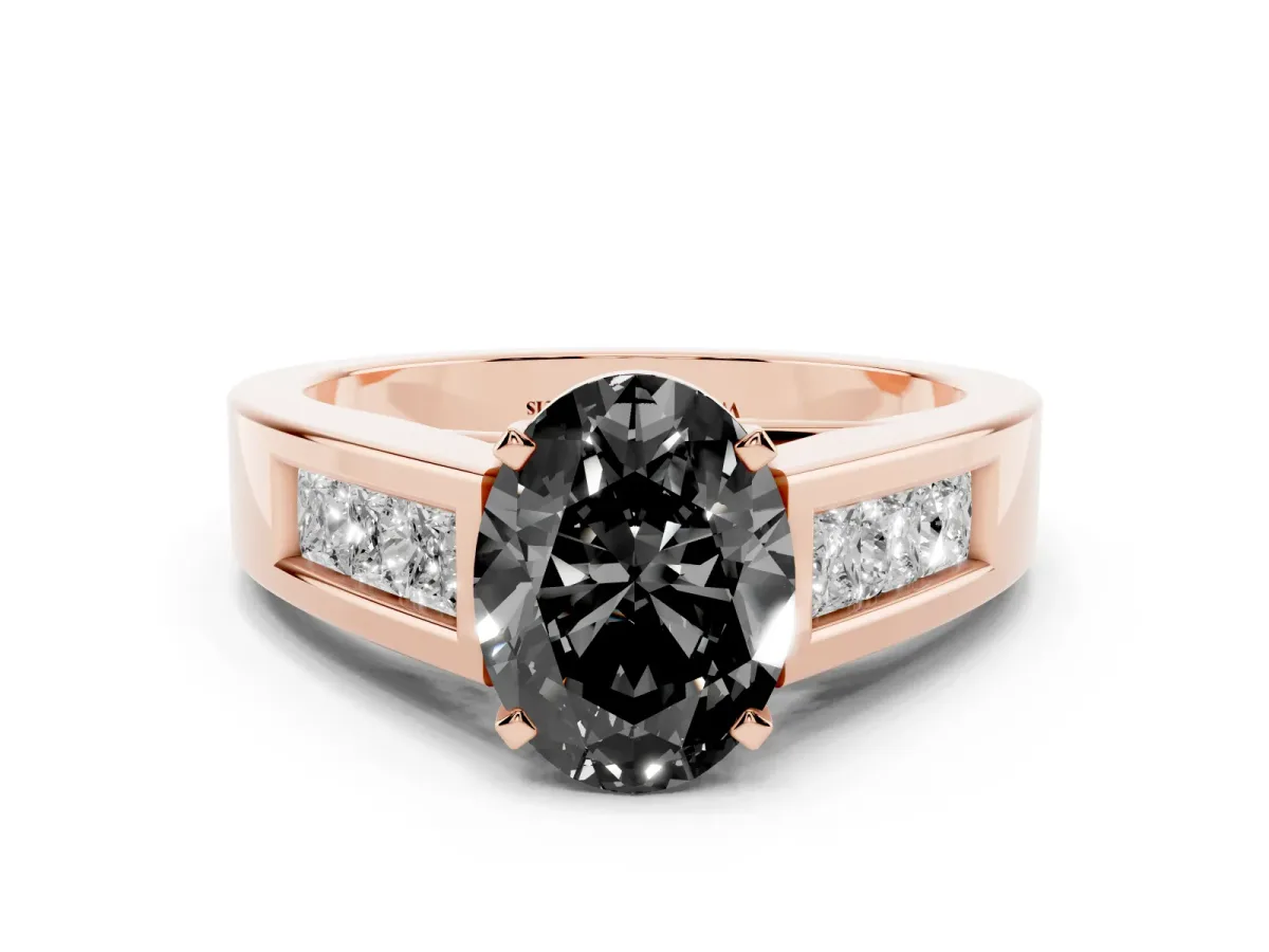 Fancy Black Oval Cut Cut Channel Set Solitaire Ring with Four-Prong Setting Rose gold