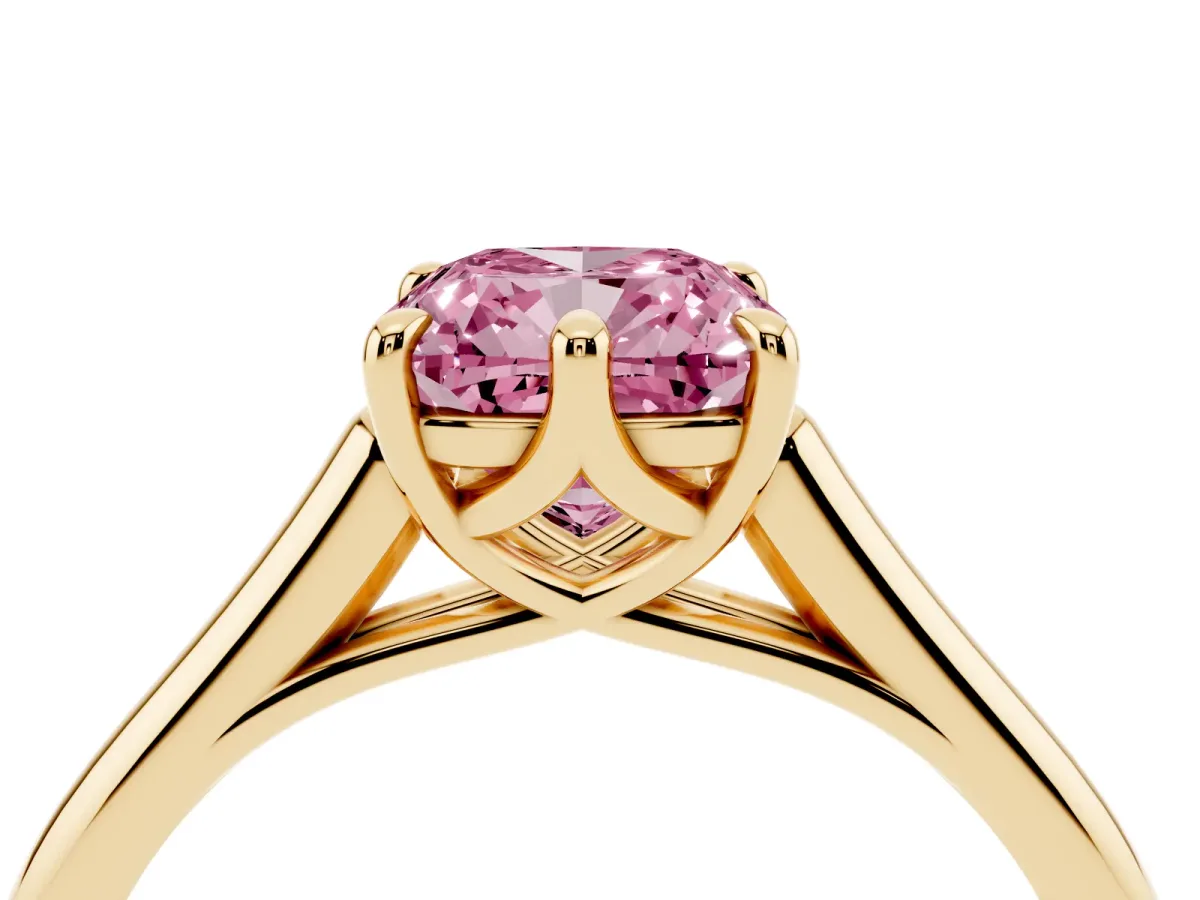 Fancy Pink Cushion Cut Solitaire Engagement Ring with Six-Prong Setting and Classic Band Yellow gold