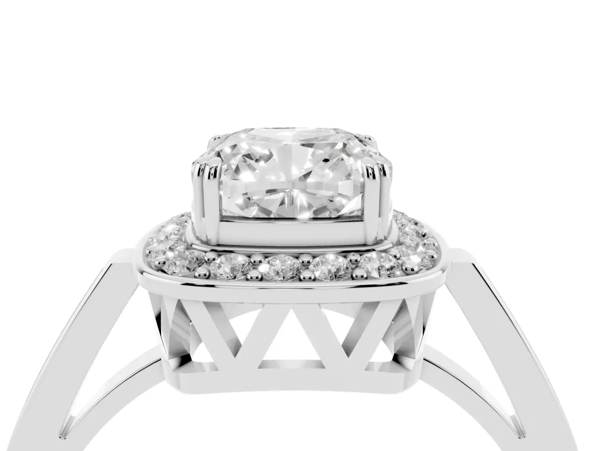 Cushion Cut Diamond Halo Ring with Split Shank and Four-Prong Setting Platinum