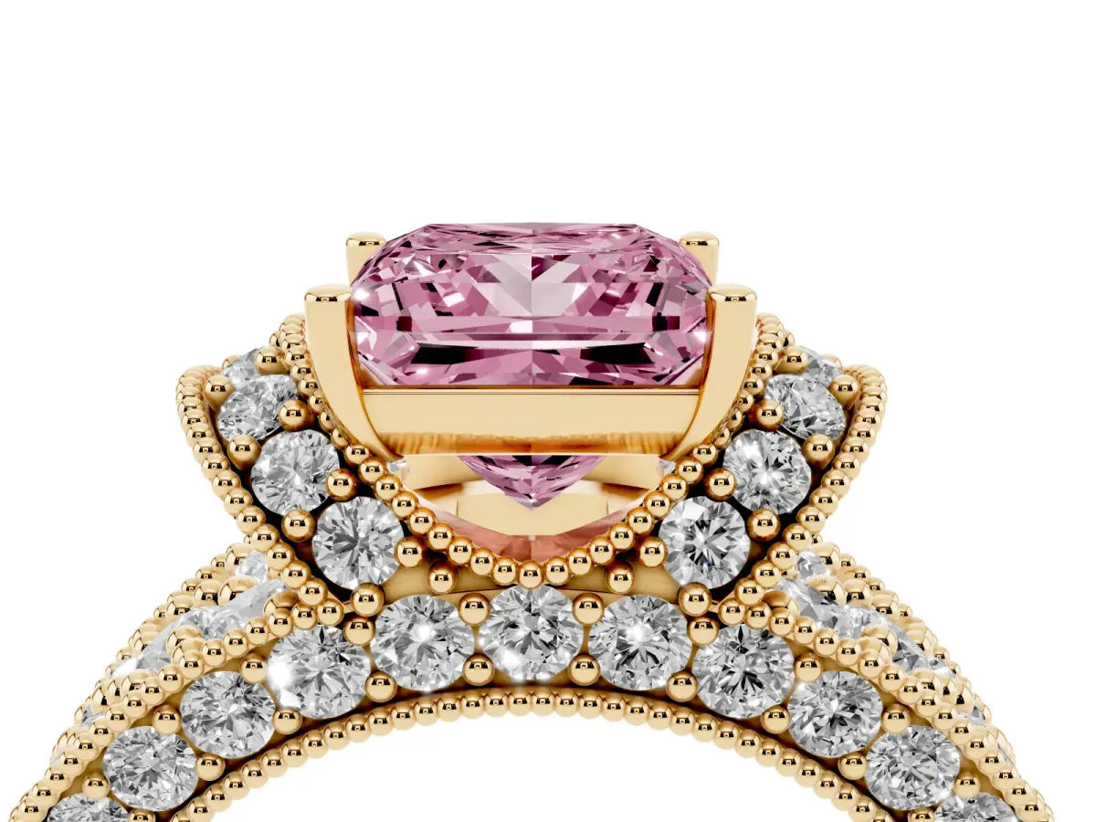 Fancy Pink Princess Cut Halo Pave Diamond Engagement Ring with Milgrain Detailing Yellow gold