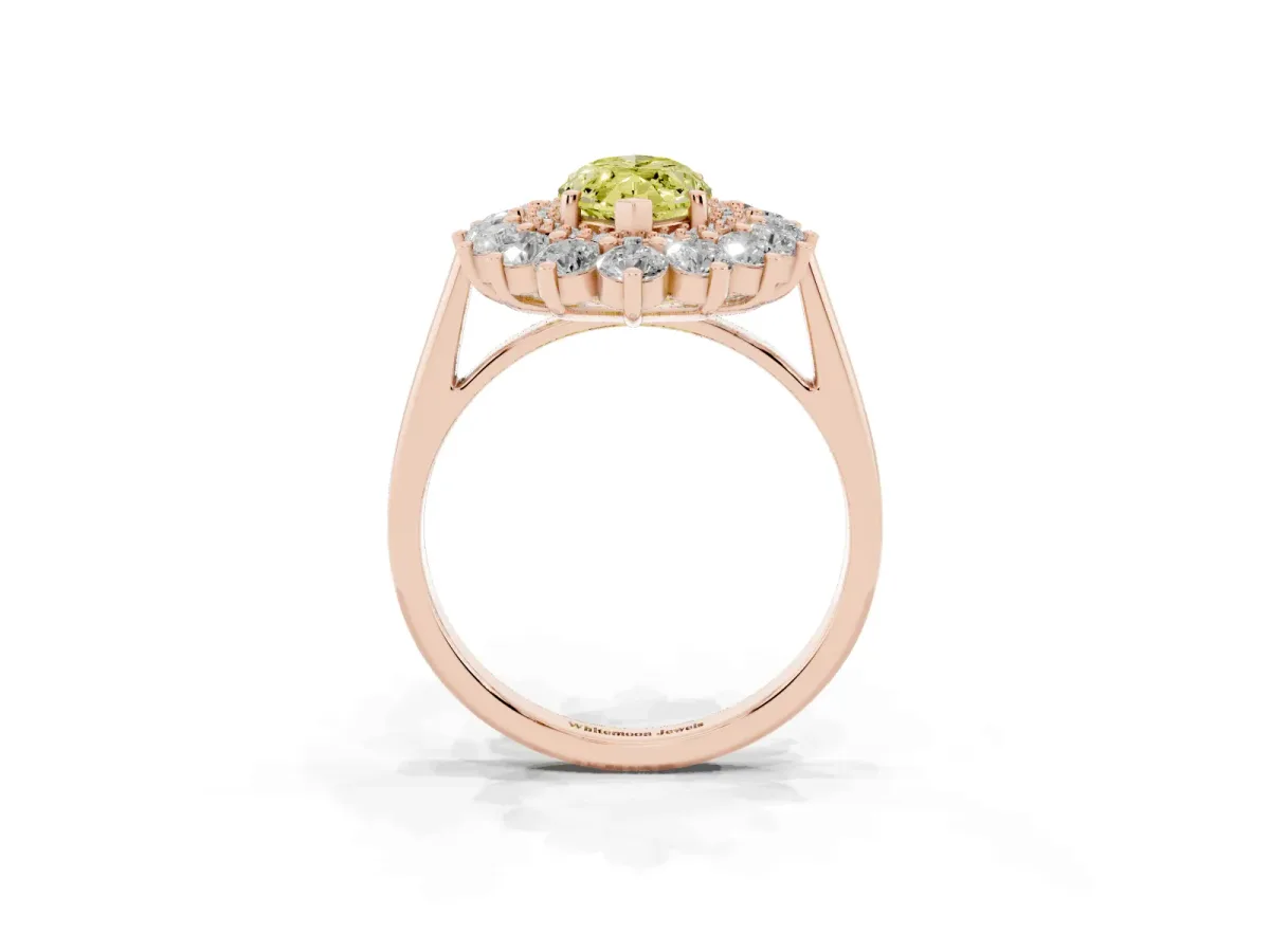 Fancy Yellow Marquise Cut Diamond Floral Double Halo Engagement Ring with Prong Setting Rose gold