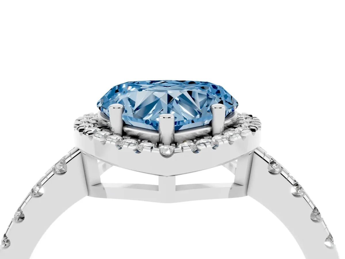 Fancy Blue Heart Cut Diamond Halo Ring with Pavé Band and Four-Prong Setting White gold