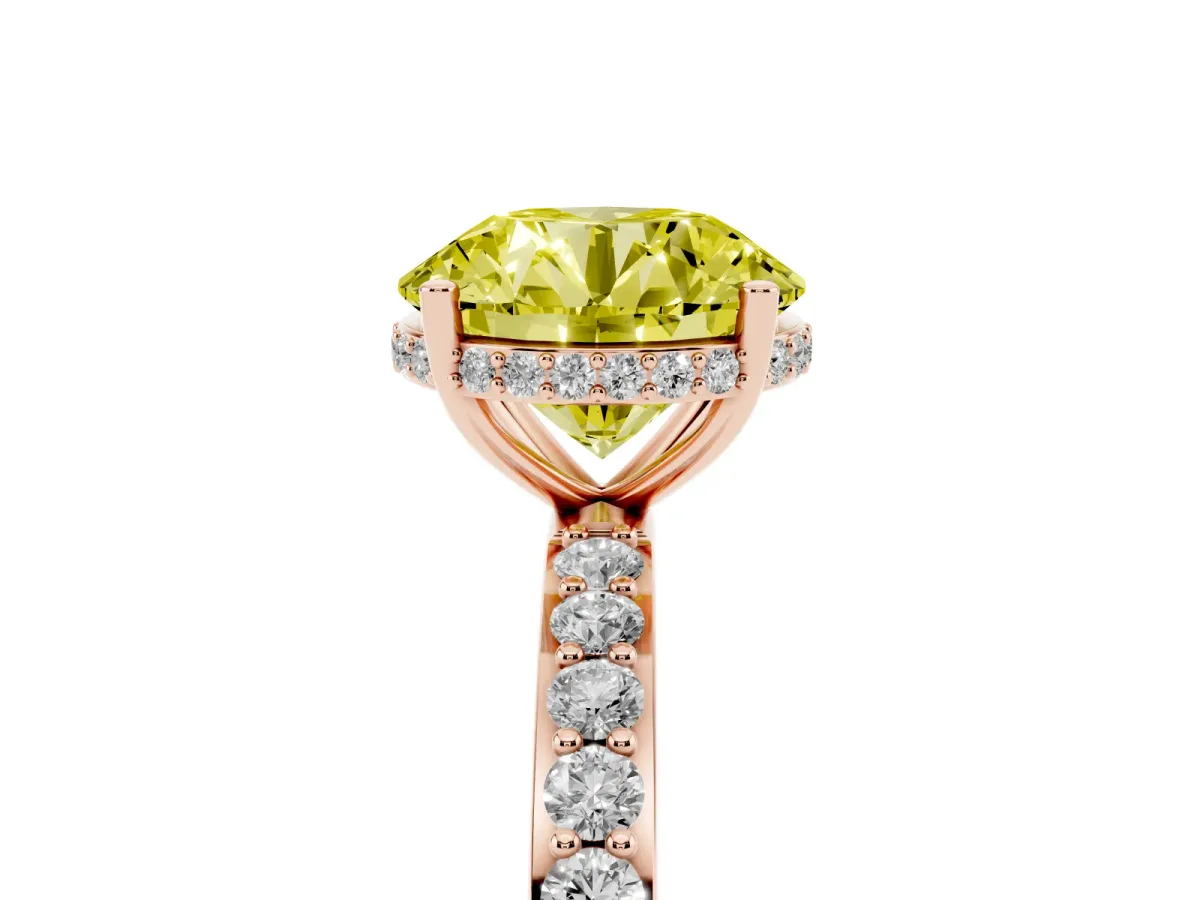 Fancy Yellow Round Cut Diamond Solitaire Ring with Pavé Band and Hidden Halo Rose gold