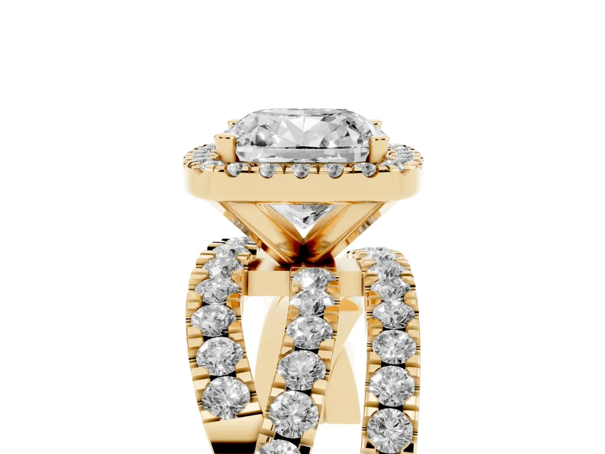 Cushion Cut Diamond Halo Ring with Round Split Shank and Prong Setting Yellow gold