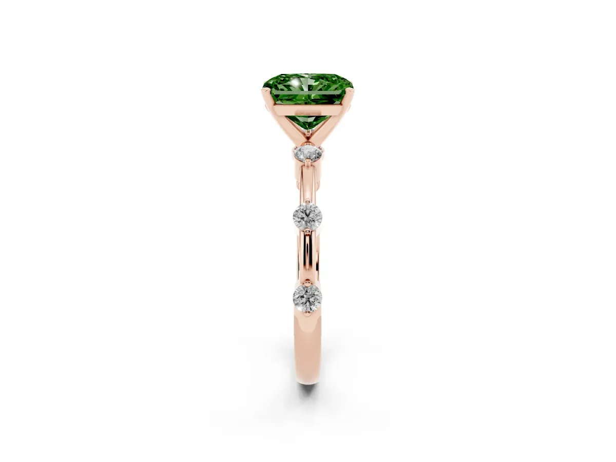 Fancy Green Radiant Cut Solitaire Diamond Ring with Bezel Set Side Stones and Prong Setting Rose gold