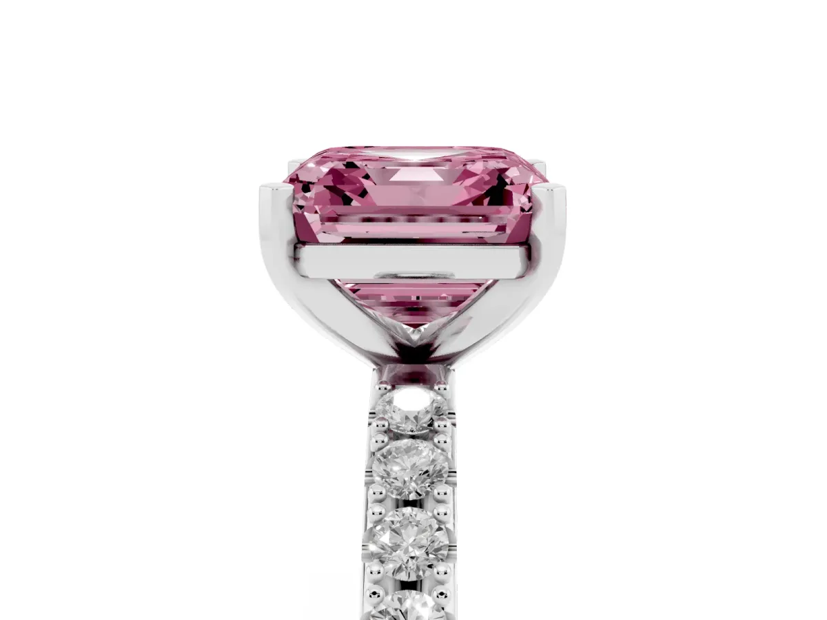 Fancy Pink Asscher Cut Diamond Solitaire Pavé Band with Four-Prong Setting Silver