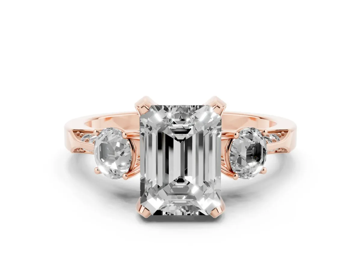 Fancy Yellow Emerald Cut Brilliant Three-Stone Diamond Ring with Pavé Band and Four-Prong Setting Rose gold