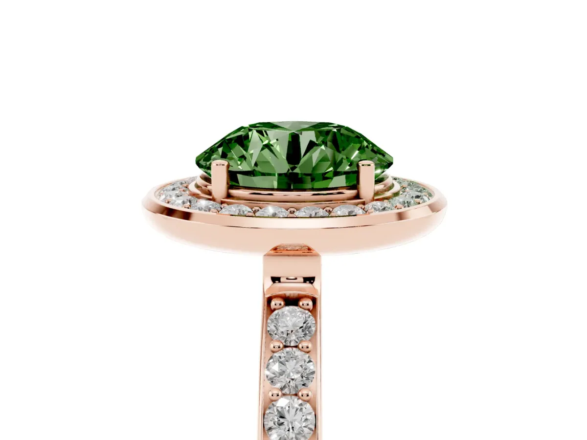 Fancy Green Round Cut Diamond Halo Ring with Bezel Frame and Pavé Band Rose gold