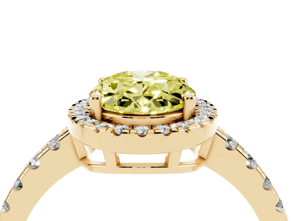 Fancy Yellow Oval Cut Diamond Halo Ring with Pavé Band and Four-Prong Setting Yellow gold