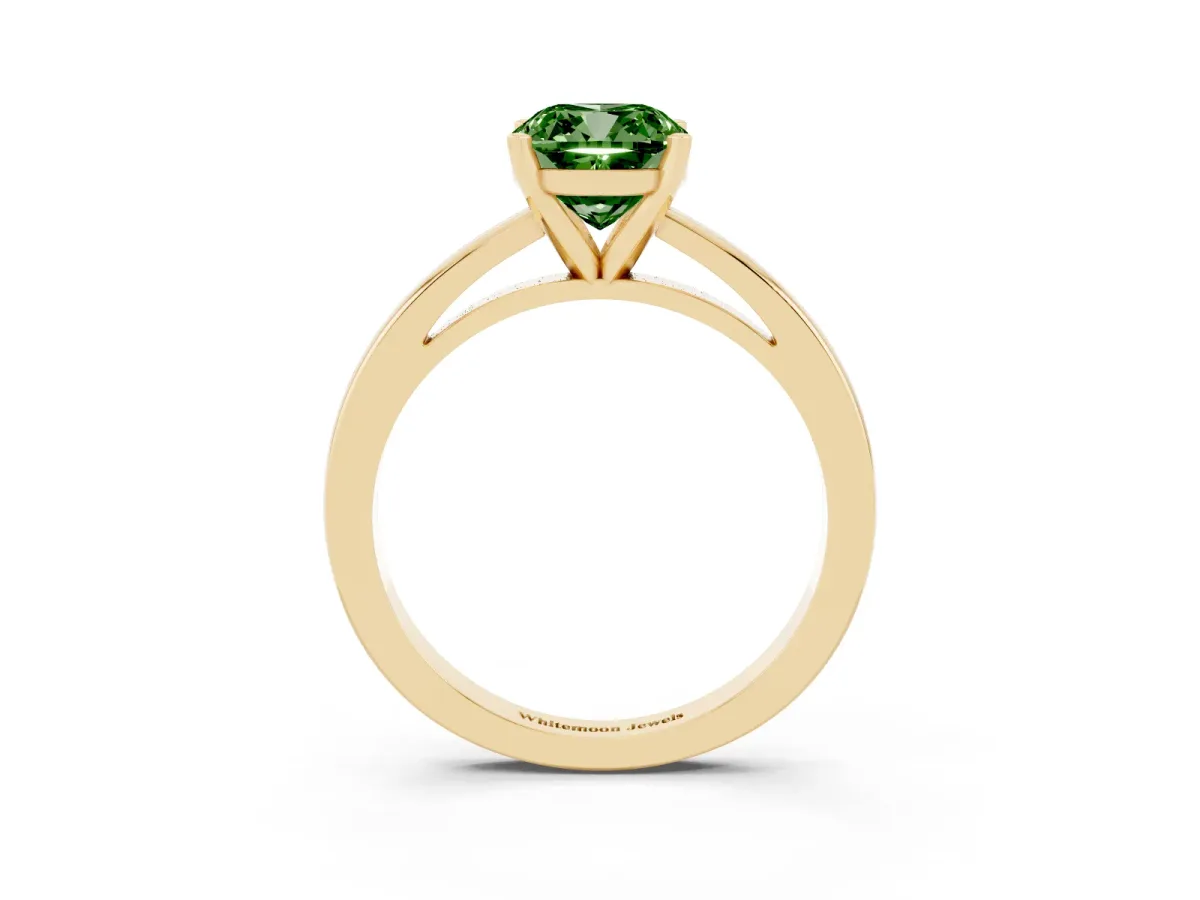 Fancy Green Cushion Cut Solitaire Diamond Engagement Ring with Four-Prong Setting on a Classic Band Yellow gold