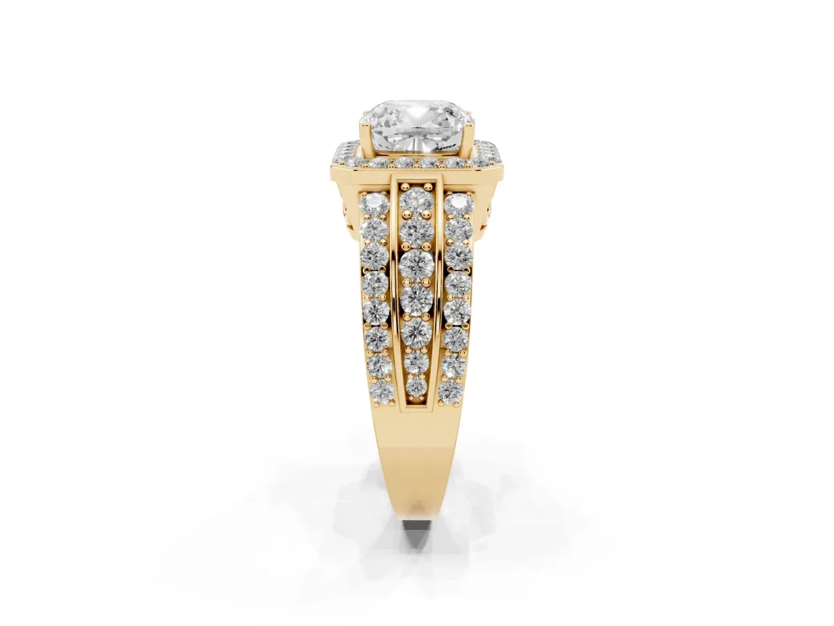 0.5 Carat Cushion Cut Halo Ring with Round Split Shank and Prong Setting Yellow gold