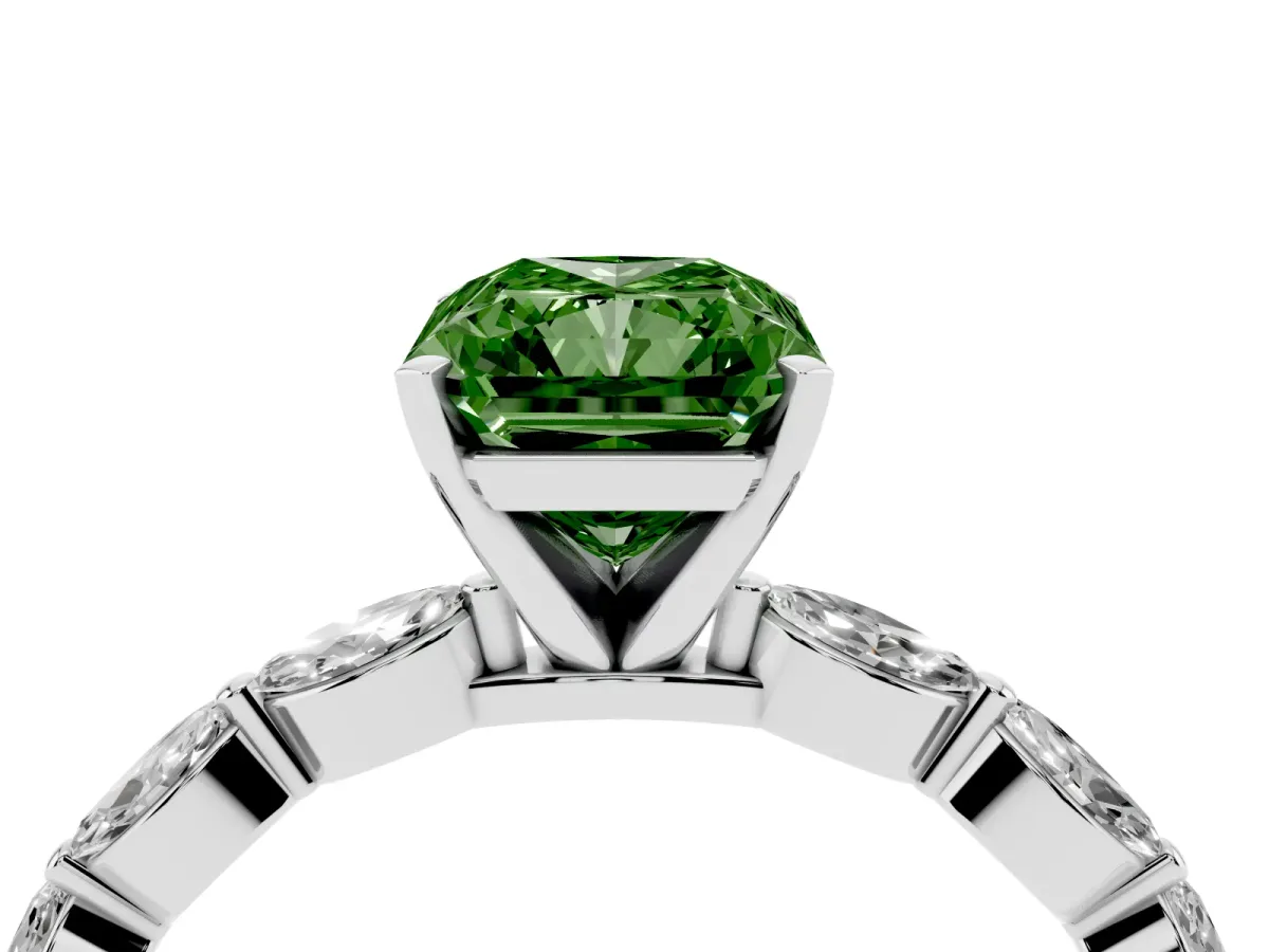 Fancy Green Radiant Cut Diamond Ring with Marquise Side Stones and Prong Setting Platinum