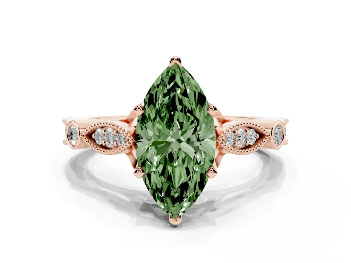 Fancy Green Marquise Cut Cut Diamond with Milgrain Marquise and Bezel Accents on a Solitaire Band with Prong Setting Rose gold